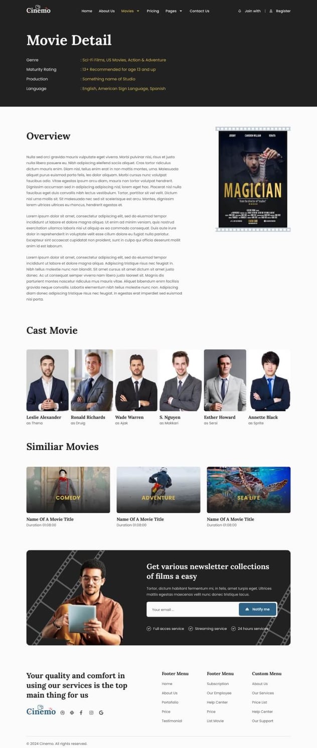 Cinemo Video Streaming Website Elementor Template Kit, WP Template